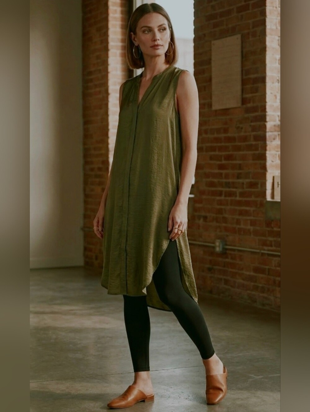Haver London Sleeveless Long Tunic Shirt Dress Button Up Silky Olive Green Small